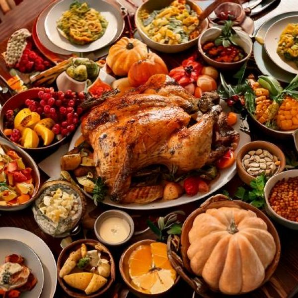 traditional thanksgiving table large feast with many dishes