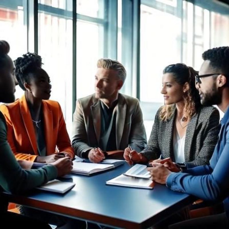 five diverse people in a business meeting authentically interested in collaborating together