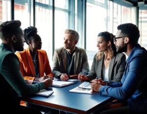 five diverse people in a business meeting authentically interested in collaborating together